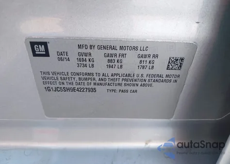 2014 Chevrolet Sonic Lt Auto z USA, uszkodzony, nr VIN 1G1JC5SH9E4227935